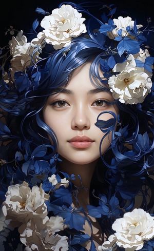 Ethereal Floral Portrait — Close-up portrait of an ethereal {argument name="subject" default="young woman"} with porcelain skin and expressive hazel-brown eyes,