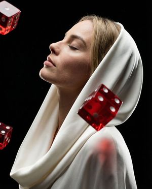 Surreal Profile Portrait with Floating Dice — Quantum Surrender · A hyper-realistic, high-budget practical effect photograph. The Protagonist captured in a stri