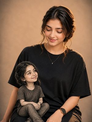 Tender Mini-Me Studio Portrait — Create a premium photorealistic vertical studio portrait of exactly two subjects: an adult young woman and a miniature childlik