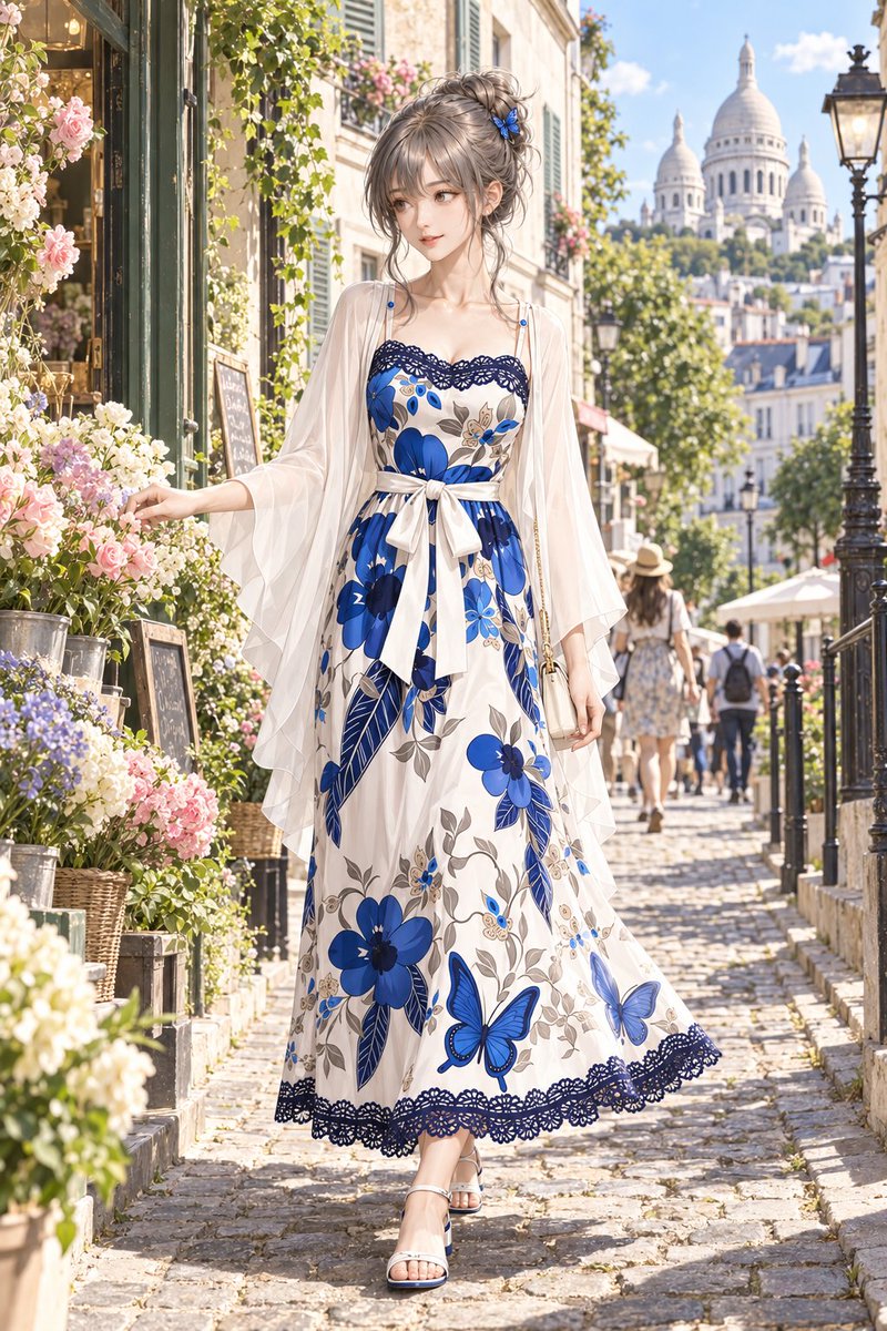 Paris Floral Dress Anime Illustration