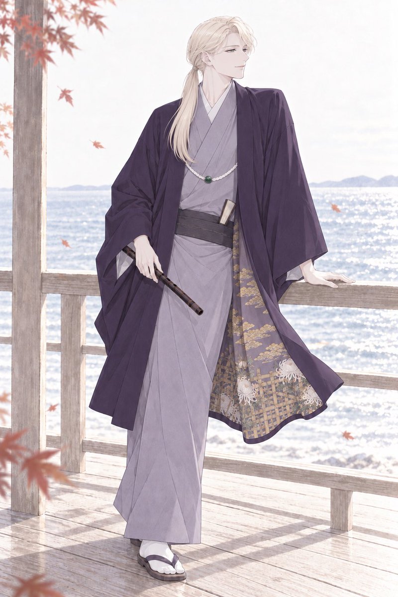 Autumn Kimono Man by the Sea