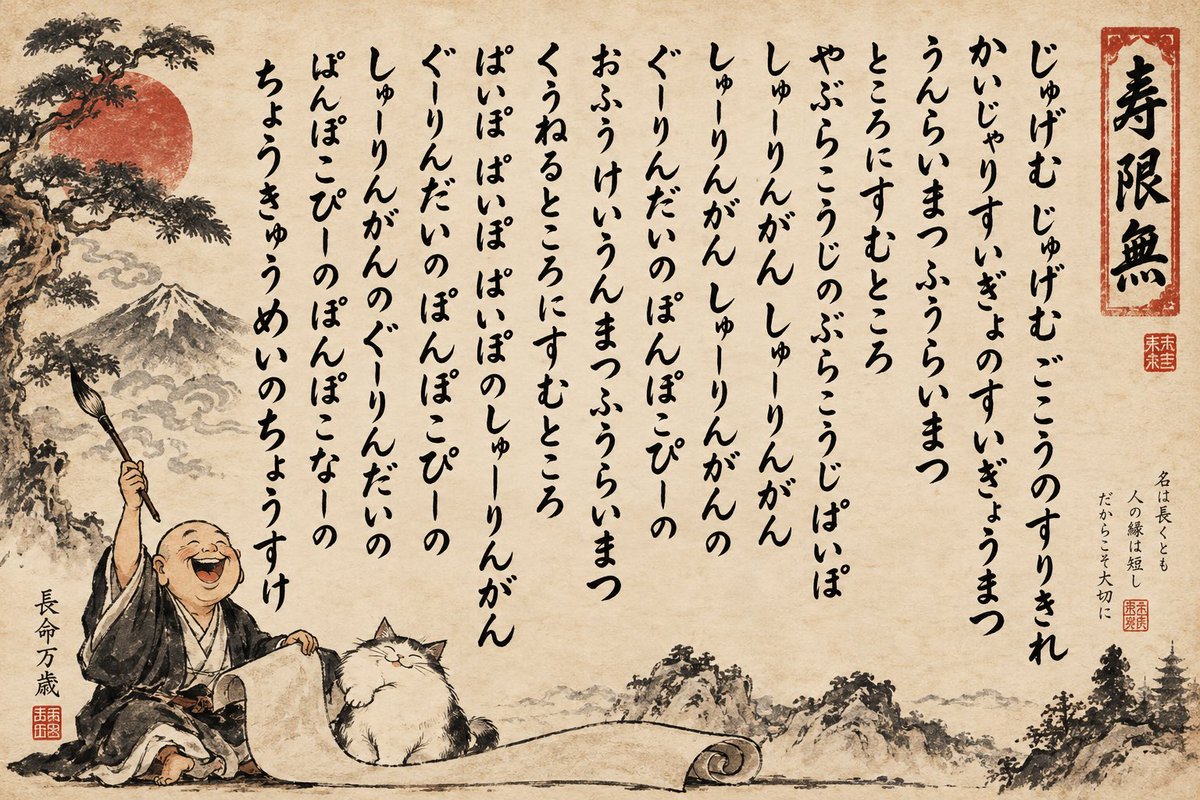 Humorous Sumi-e Jugemu Calligraphy Poster