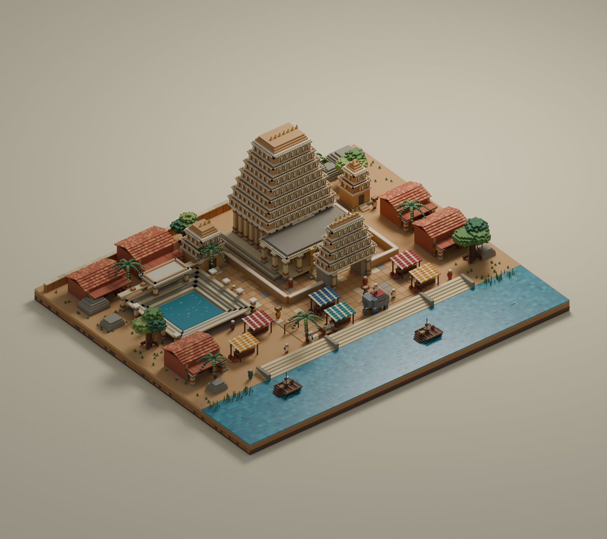 Isometric Voxel River Temple City