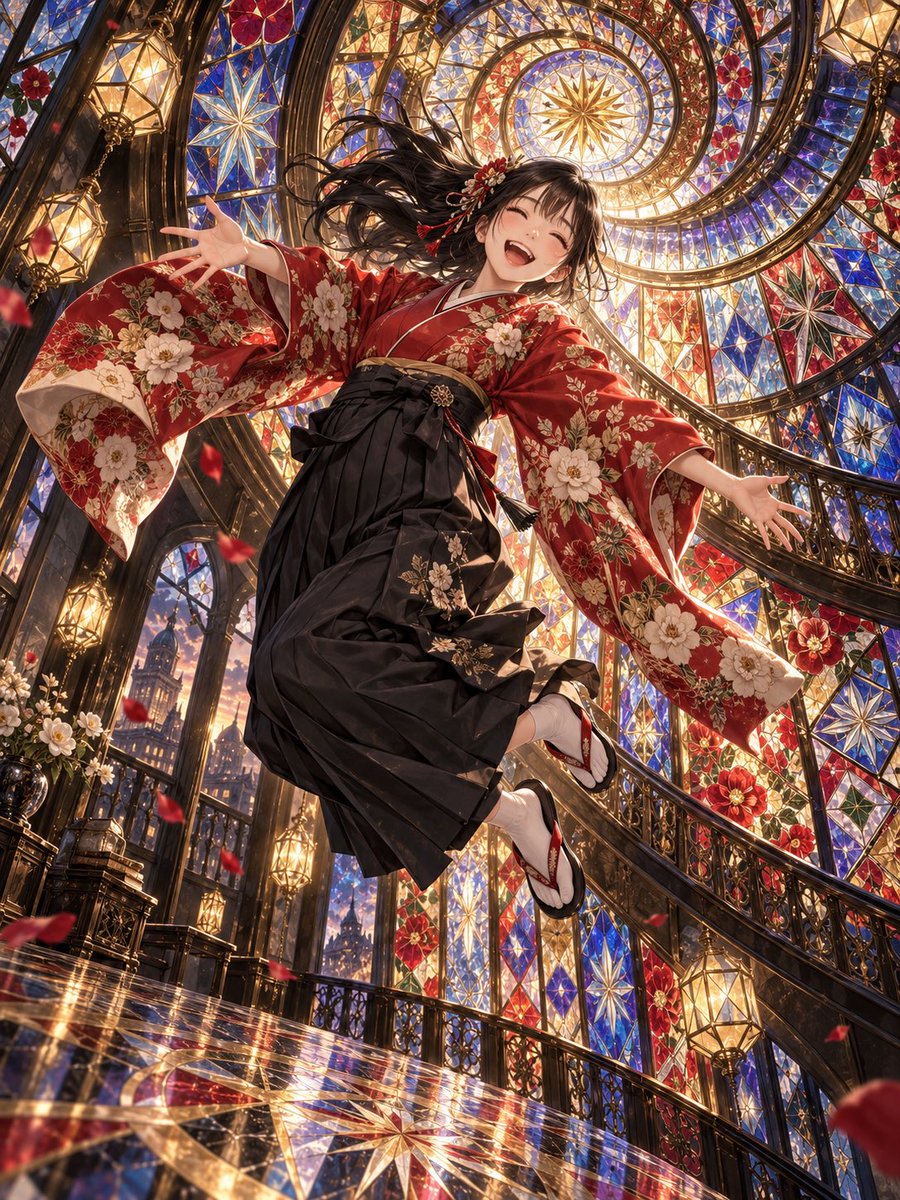 Floating Kimono Girl in Stained Glass Hall