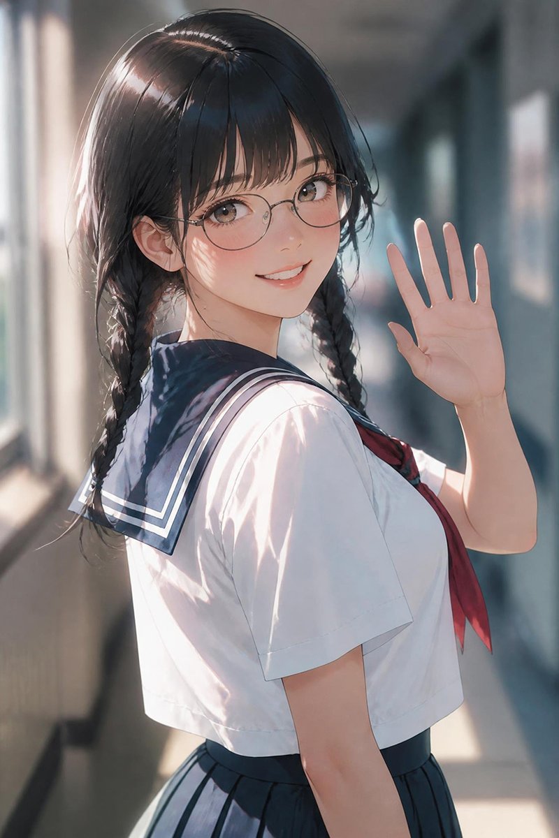 Waving Schoolgirl in Sunlit Hallway