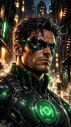 Dramatic Green Lantern Comic Portrait — A dramatic comic-book portrait of a {argument name="superhero" default="stern male superhero"} in a dark emerald suit wi