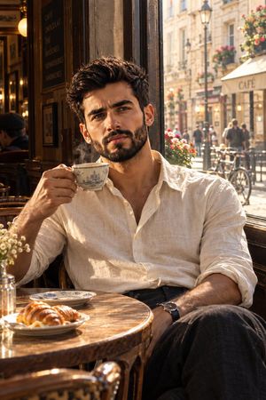 Vintage European Cafe Portrait — Ultra-realistic cinematic editorial photograph of a strikingly handsome young man in his early 20s sitting alone at a charming 