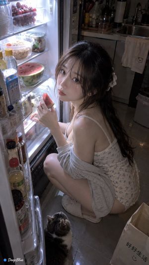 Late Night Fridge Candid Snapshot — 竖幅写实手机抓拍，深夜住宅厨房，成年女性打开冰箱寻找食物；整体像室友站在旁边突然拿手机拍下来的生活瞬间。

{argument name="动作" default="随机人物数量、随机站位、随机冰箱内容、随机动作、随机镜头；人物可能蹲着翻冰箱、弯腰