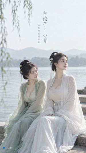 Oriental Minimalist Aesthetic Cover Art — 极简东方 × 宋式美学 × 古风 Editorial × 独立艺术封面

人物：白娘子、小青。

白娘子：画面右侧，微微侧身望向远处，神态沉静温婉；月白宋式长裙，简洁发髻，少量白玉饰。

小青：画面左侧，稍靠前半步，身体朝向白娘子并回眸