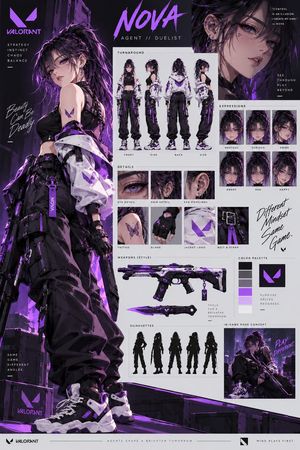 VALORANT Agent Concept Reference Sheet — Create a premium VALORANT-inspired female agent character reference sheet in a completely new design, different from pr