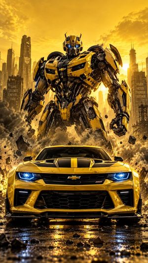 Camaro and Giant Robot Poster — Create a cinematic vertical automotive action poster featuring a yellow Chevrolet Camaro-inspired muscle car positioned in the f