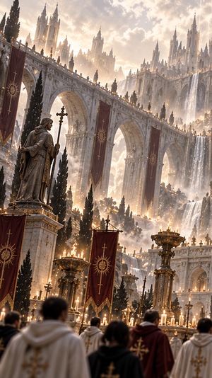 Gothic Saint Pilgrimage Cathedral — Create a vertical dark fantasy sacred pilgrimage scene in an impossibly vast Gothic cathedral-city carved into a mountainsid