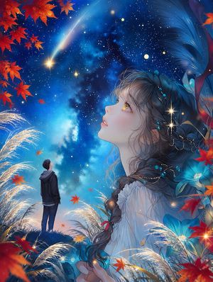 Autumn Night Sky Anime Fantasy — Create a vertical 3:4 anime fantasy illustration for {argument name="seasonal theme" default="the beginning of autumn under the