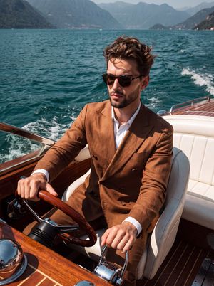 Slim Aarons Boat Lifestyle Photography — A confident young handsome male sits upright with a slight lean forward, angled forty-five degrees to the left in the p