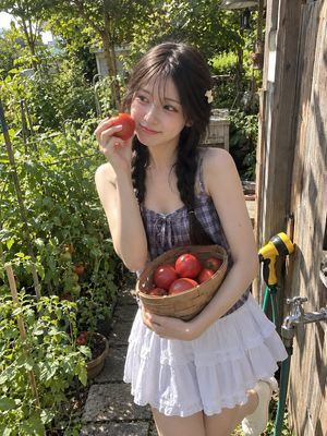 Summer Garden Lifestyle Portrait — A photorealistic candid summer garden portrait of a {argument name="subject" default="young East Asian woman"} standing outdo