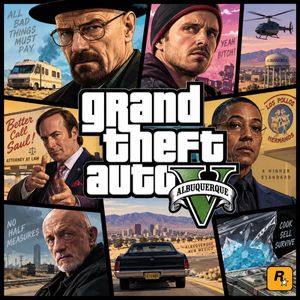 Albuquerque GTA-Style Crime Collage — Goal: Create a square illustrated parody video game cover/poster in the style of a Grand Theft Auto V key art collage, the