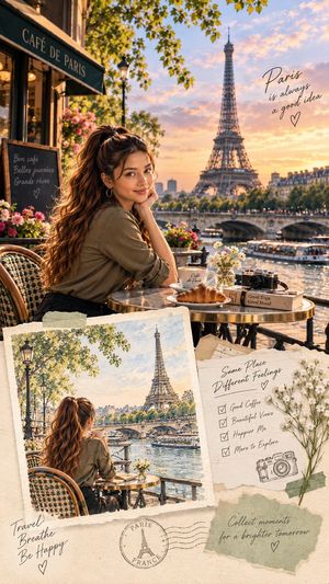 Paris Café Travel Scrapbook Collage — Goal: Create a premium vertical 9:16 Paris travel-journal scrapbook collage with a warm, cinematic editorial aesthetic, fe