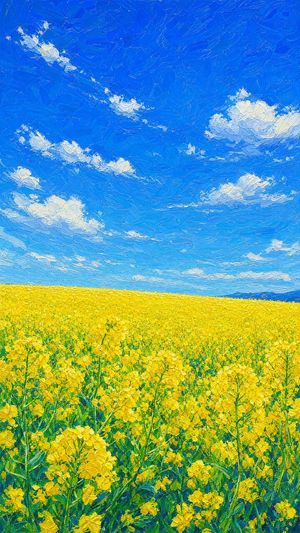Impasto Rapeseed Field Oil Painting — Create a vertical oil painting of a vast {argument name="flower field" default="rapeseed flower field"} under a brilliant 