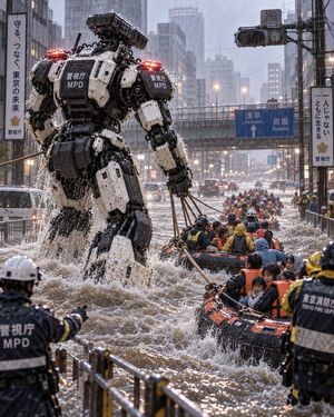 Police Robot Rescue Scene — {argument name="部隊名" default="警視庁重機対策課ロボット隊"}。救命ボートの牽引で避難者を救助します。