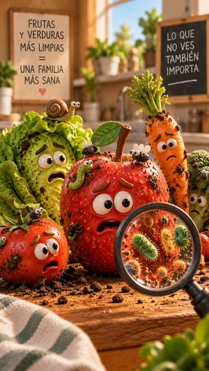 Dirty Produce Germs Kitchen Scene — Create a vertical 9:16 cinematic 3D animated-style scene in a warm sunlit kitchen about dirty produce and invisible germs. I