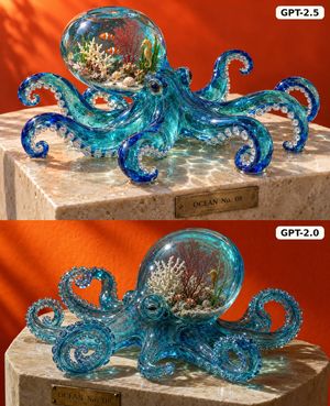 Glass Octopus Model Comparison — Goal: Create a square split-screen comparison image showing two photorealistic glass octopus sculptures, one above the other, o