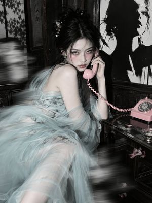 Moody Vintage Phone Fashion Portrait — Create a cinematic fashion studio photograph of a pale young East Asian woman posed in an antique dark-wood interior, wea