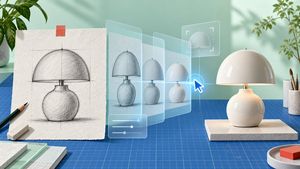 AI Product Sketch to Lamp Render — Create a clean, photorealistic product-design workspace scene showing an AI-assisted transformation from sketch to finished o