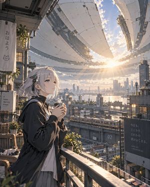 Morning Aperture Anime City — Create a highly detailed cinematic anime cityscape illustration titled {argument name="series title" default="EIRUNE | MORNING APE