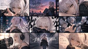 Nine-Panel Anime Storyboard Collage — Goal: Create a cinematic 3×3 anime key-visual collage featuring {argument name="character name" default="an unnamed silver