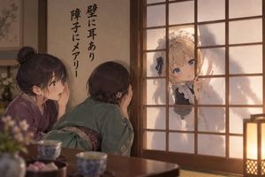 Shoji Door Whispering Anime Scene — Create a warm cinematic anime illustration set inside a traditional Japanese tatami room at dusk. Show exactly three girls: 