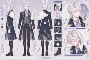 Rabbit Gentleman Character Sheet — Goal: Create an elegant anime character design sheet for {argument name="character name" default="a handsome rabbit gentleman
