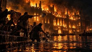 Burning Gothic Flood Escape — Create a cinematic dark-fantasy disaster scene in ultra-wide 16:9 format: a vast {argument name="building type" default="Gothic ca