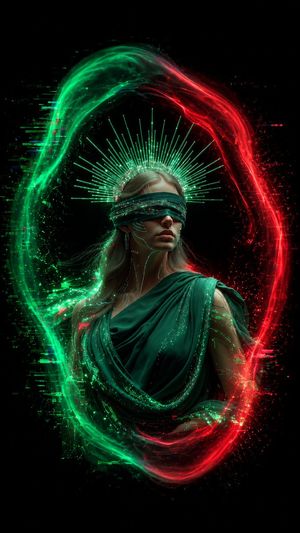 Blindfolded Digital Oracle — Create a vertical cinematic fantasy portrait on a pure black background: a solemn young woman styled as a cyberpunk oracle or blind