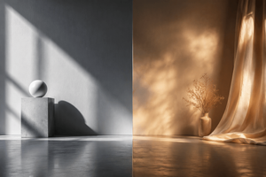 Split-Screen Hard vs Soft Light Interior — Create a photorealistic cinematic split-screen interior still comparing two lighting moods, divided exactly down the 