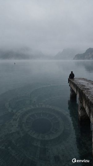 参考效果：超现实雾中水库景观