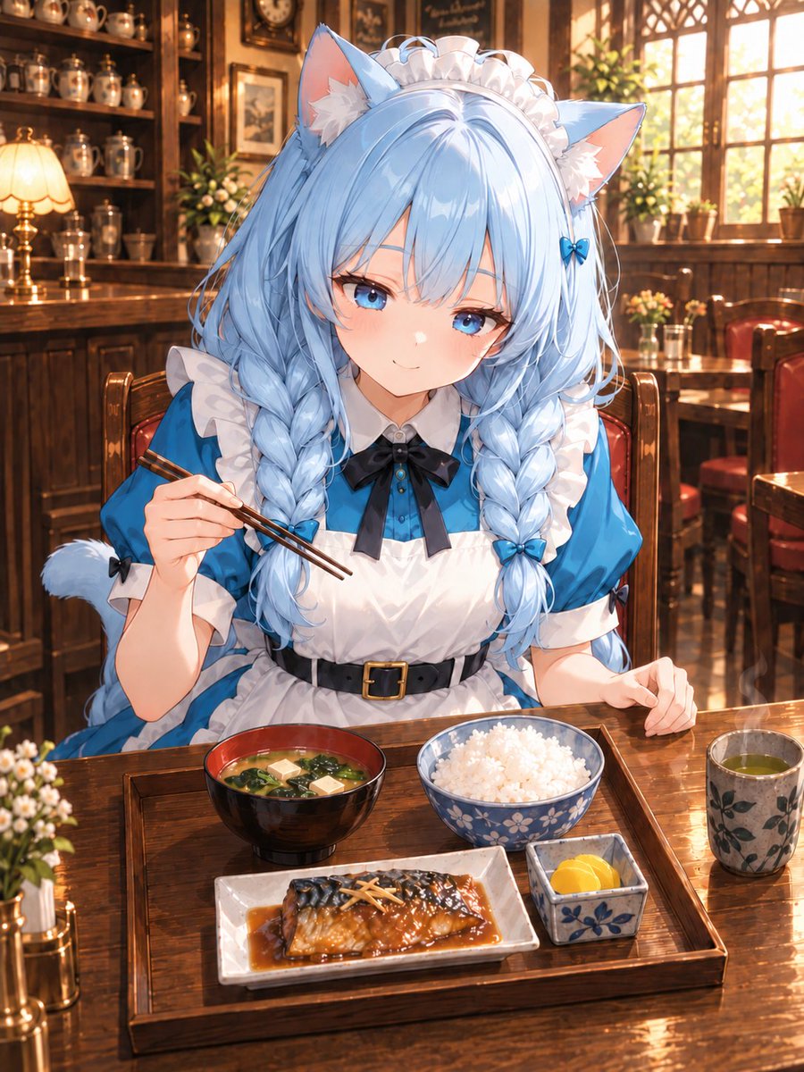 Cat-Eared Maid Eating Japanese Lunch