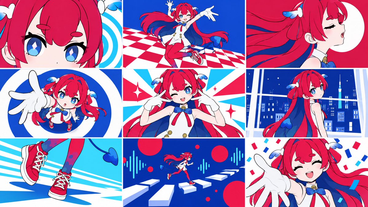 Сетка 3x3 вокальных клипов персонажа в стиле Vocaloid