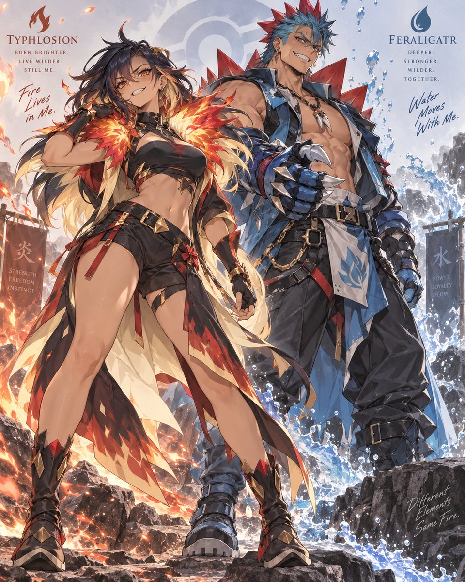 Anime Fire & Water Character Duo