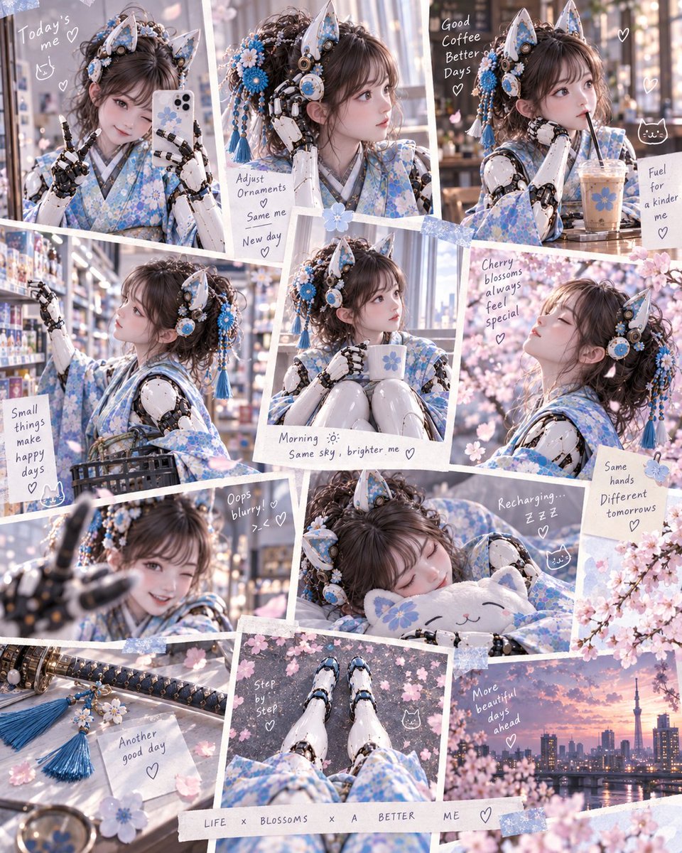 Cyberpunk Kimono Girl Daily Life Collage