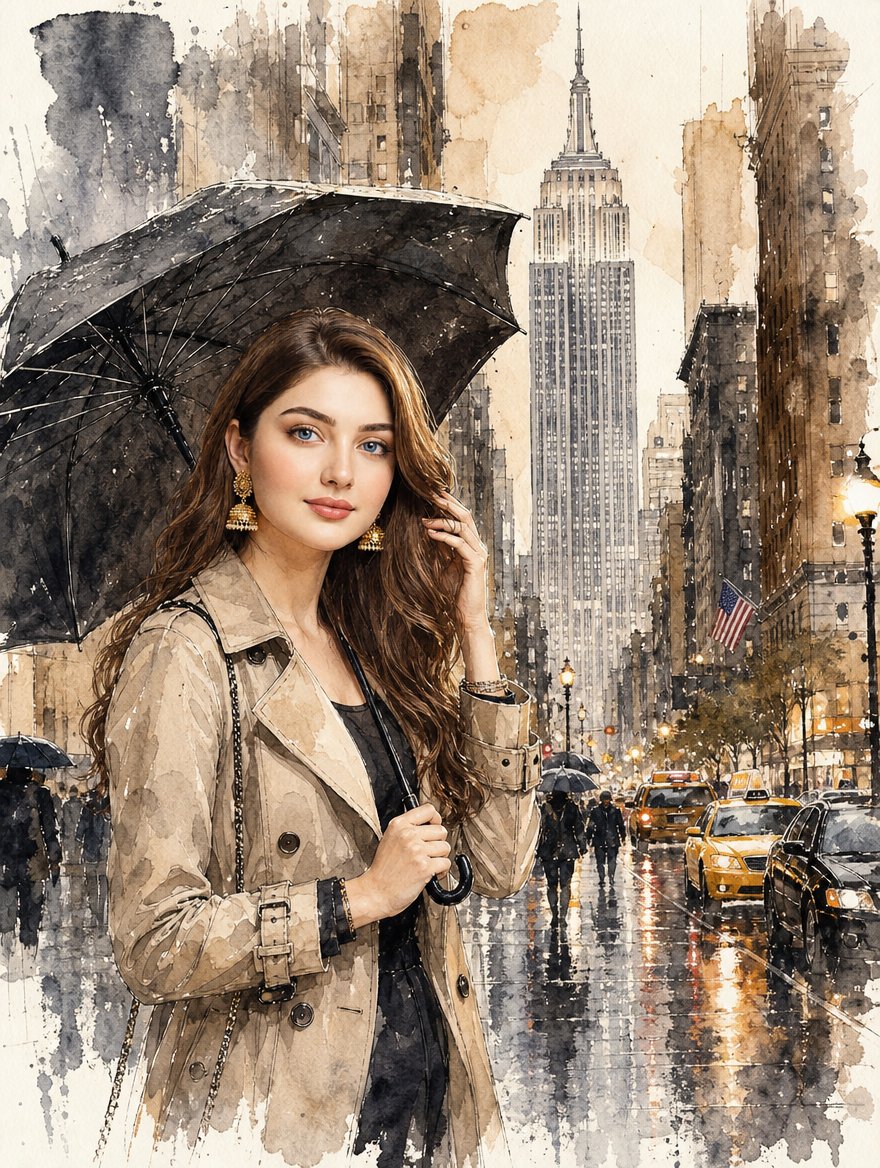 NYC Rainy Day Watercolor Portrait