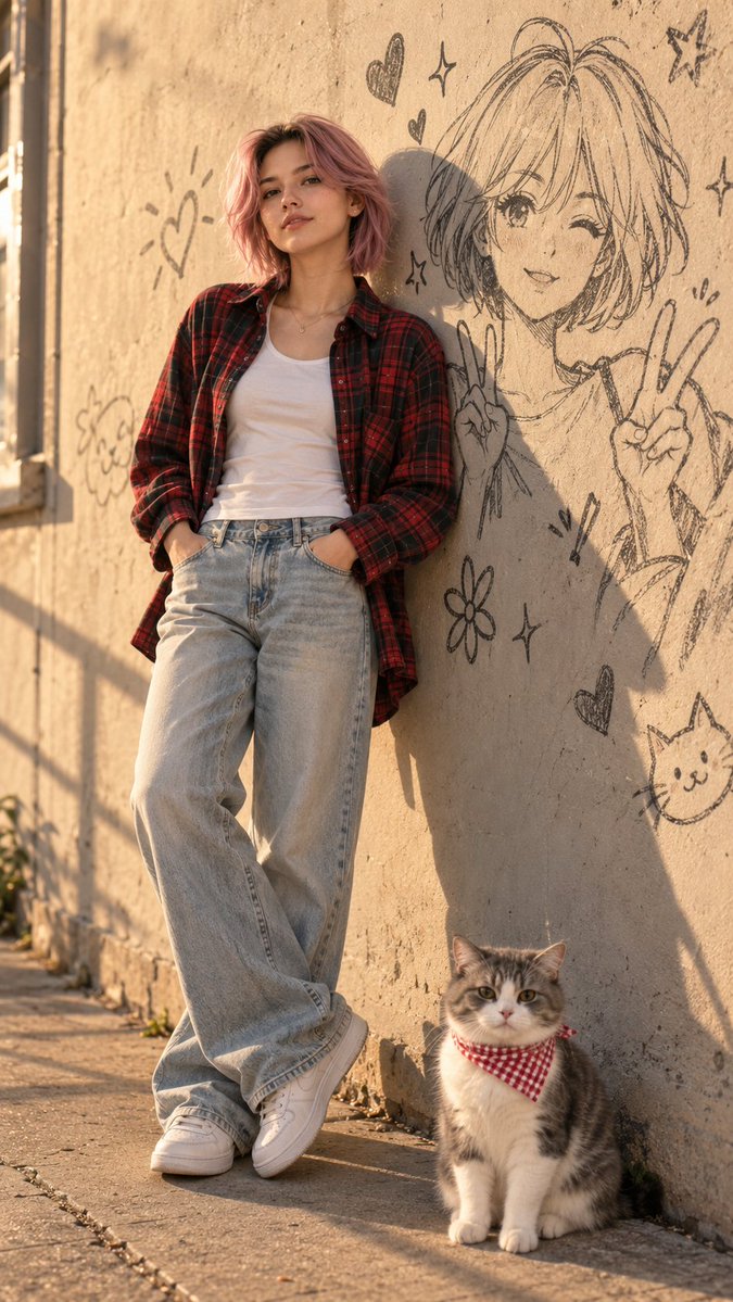 Cinematic Street Fashion Photo with Anime Doodles and Cat