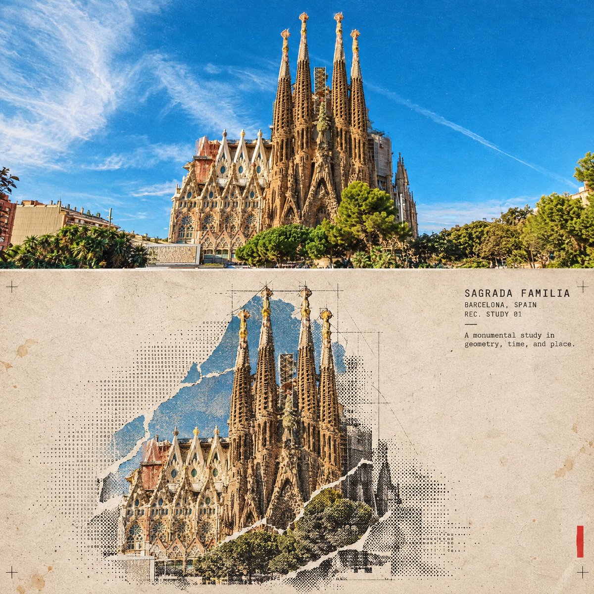 Source reference: a photograph and halftone collage of the Sagrada Familia