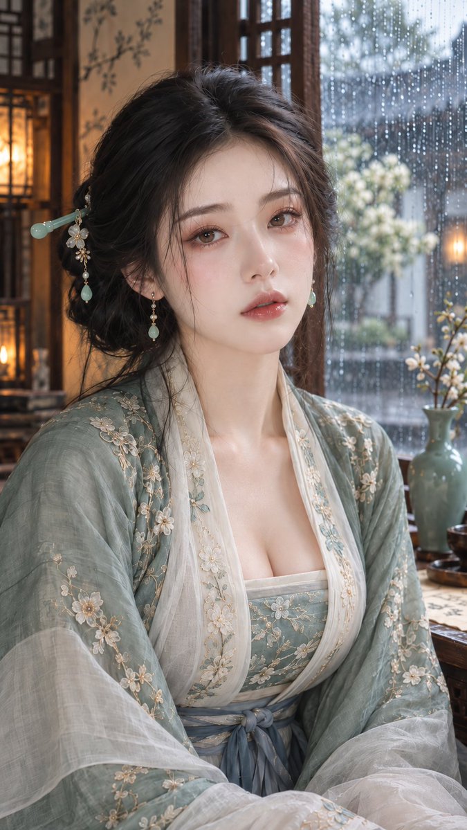 Ancient Chinese Style Rainy Window Portrait Prompt