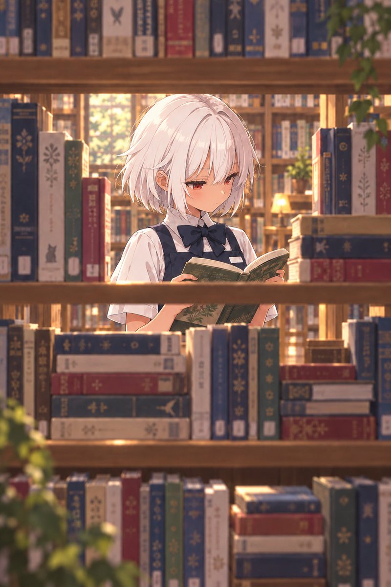 Anime Girl Reading in Library