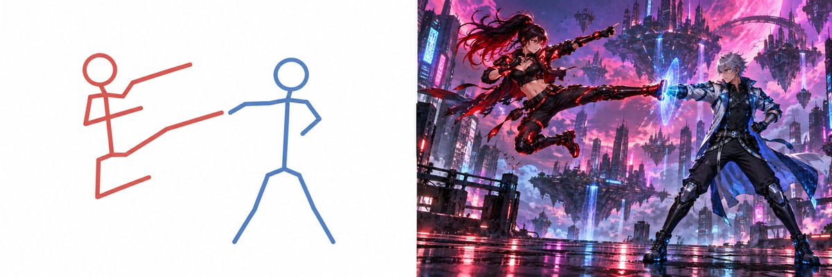 Stick Figure Sketch to Cyberpunk Anime Battle