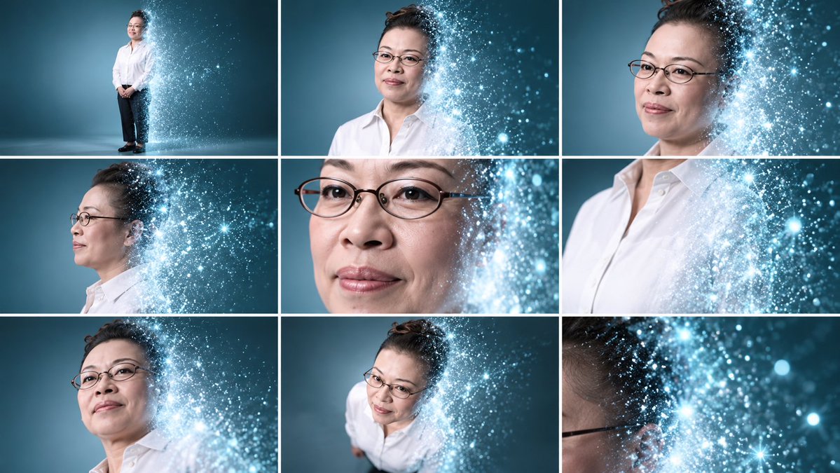 Professional Portrait Grid with Digital Particle Dissolve Effect