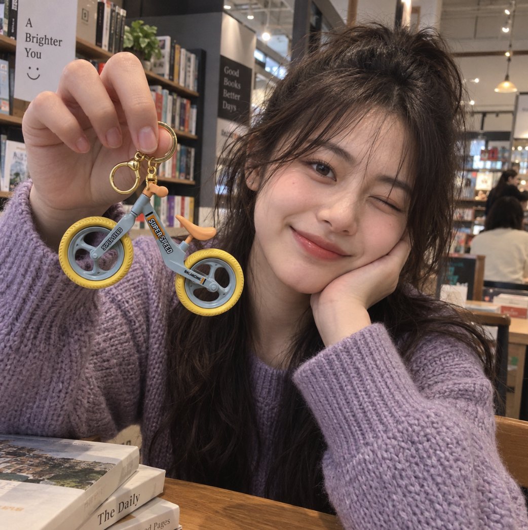 Profile / Avatar - Girl Winking Holding Miniature Bike Keychain - Image 1