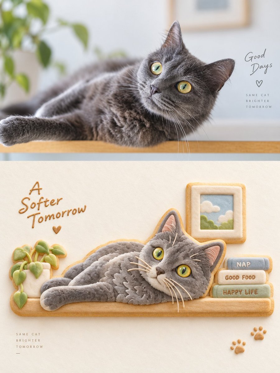 Social Media Post - Grey Cat Photo vs Cookie Art Diptych - Image 1