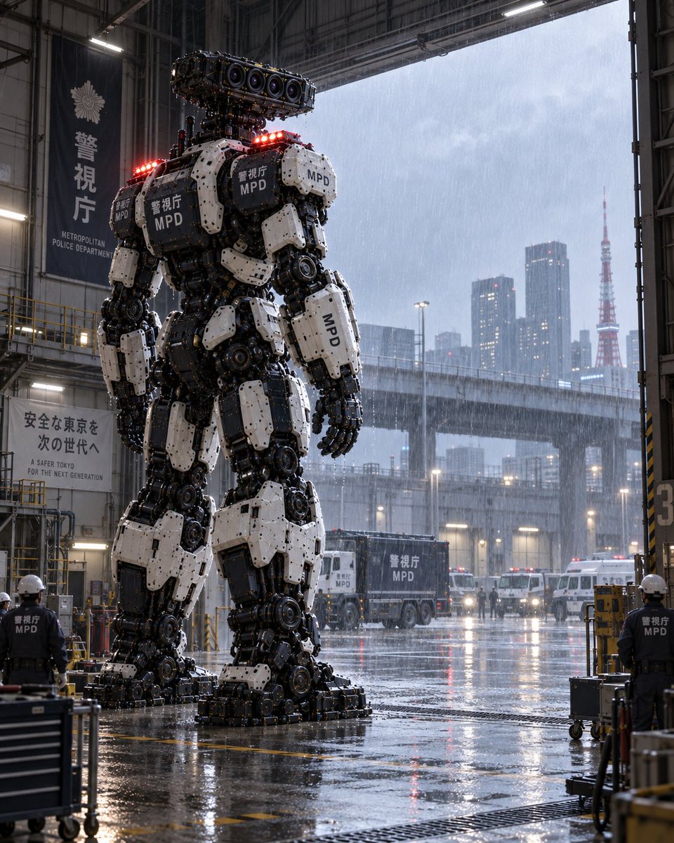 YouTube Thumbnail - Giant MPD Robot in Rainy Hangar - Image 1
