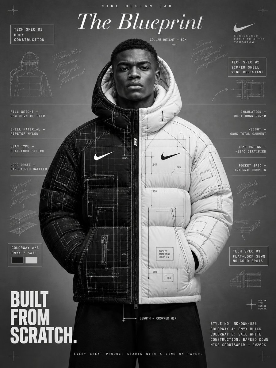 Чёрно-белый пуховик Nike в стиле чертежа